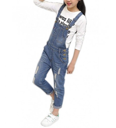 Girls Denim Overalls Ripped Jumpsuits