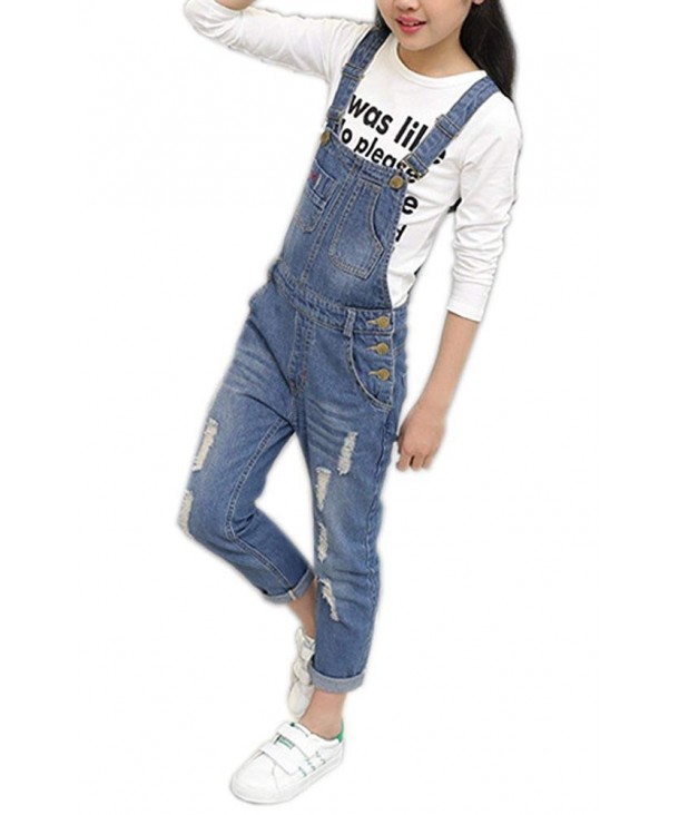 Girls Denim Overalls Ripped Jumpsuits